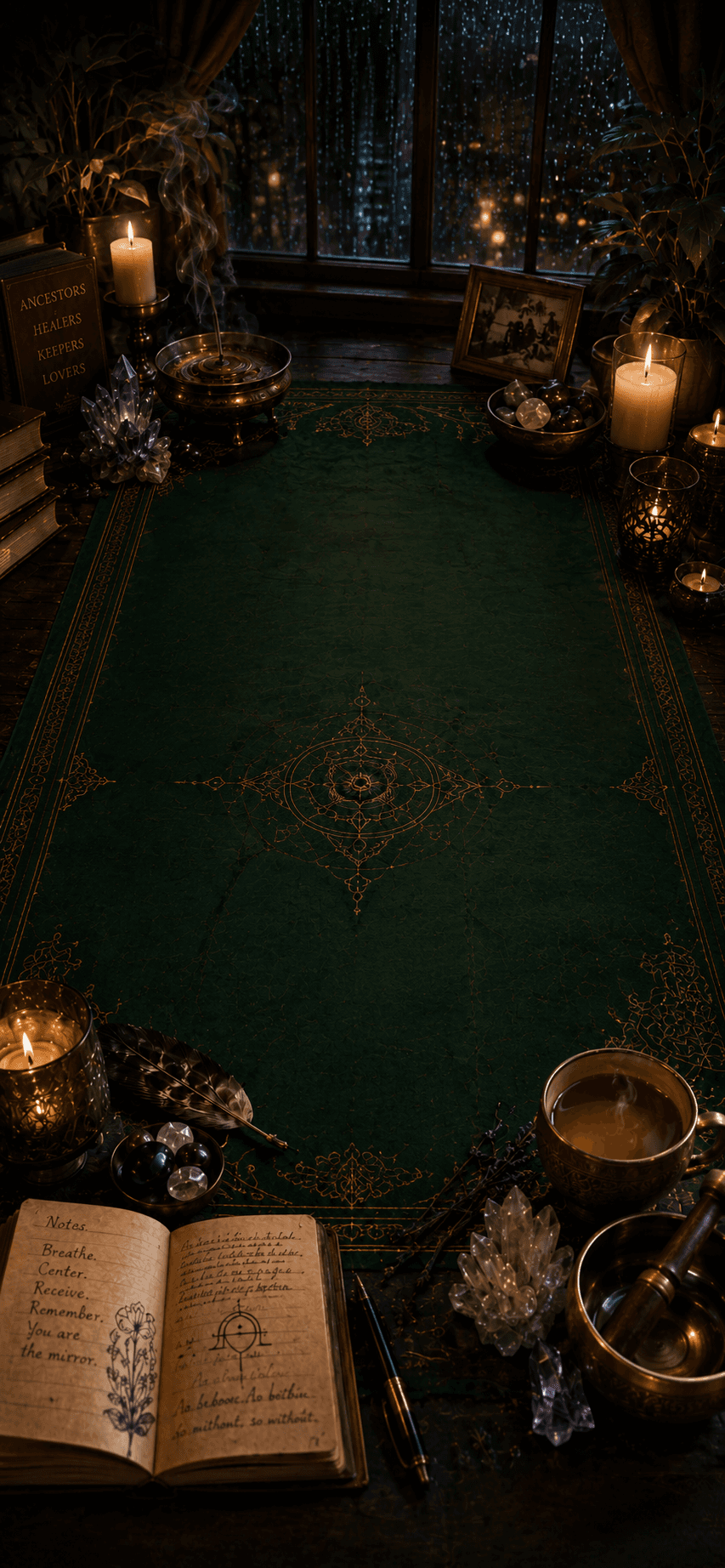A candlelit emerald card table beside a rain-soaked window.