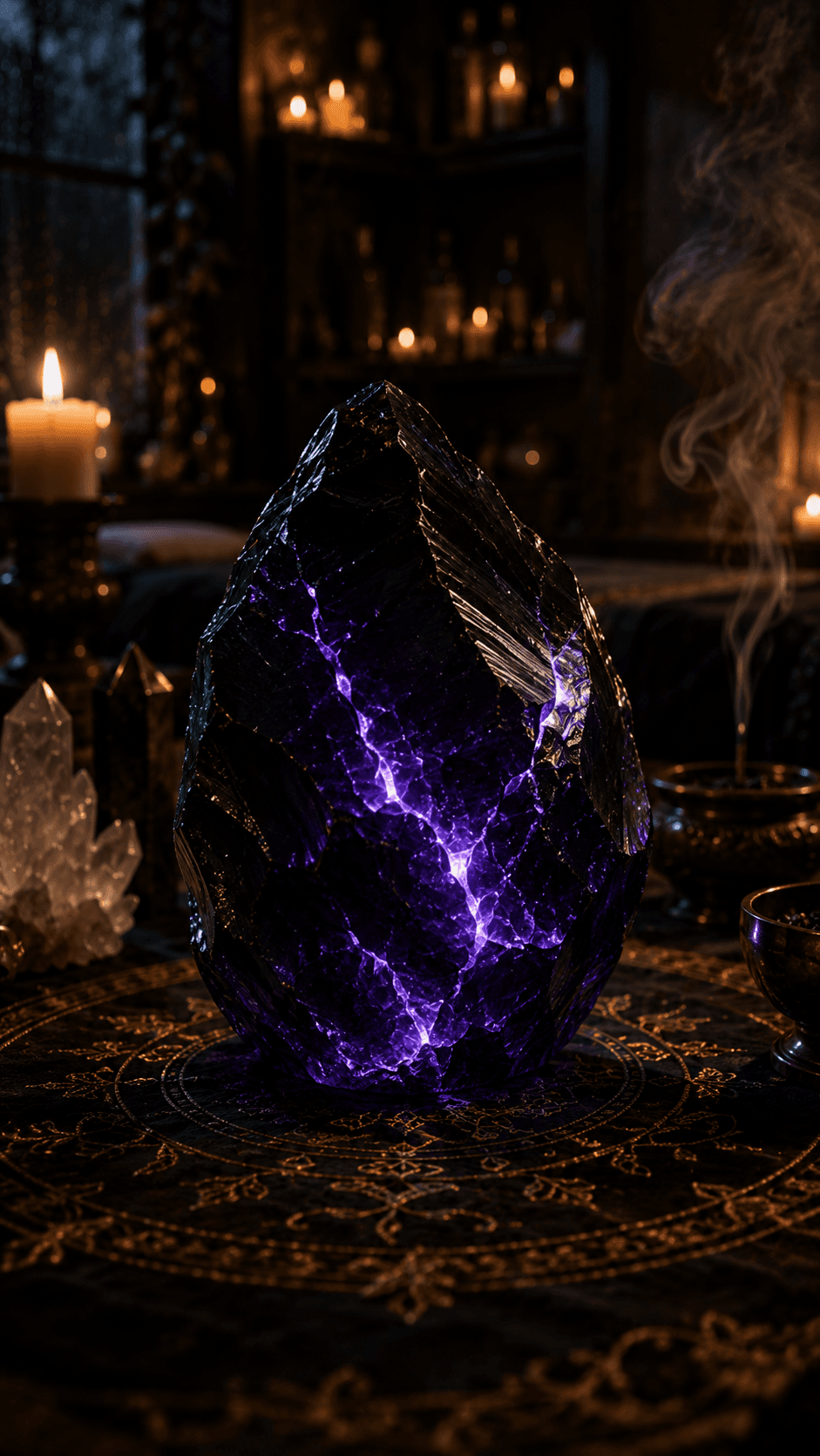 A glowing violet crystal on a ritual table.