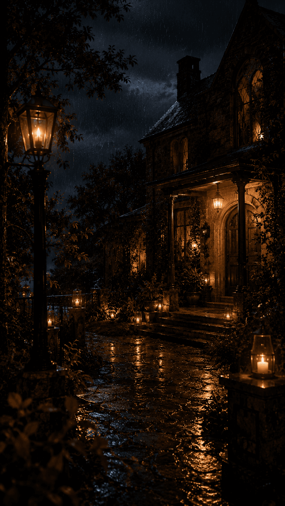A stone cottage glowing with candlelight in the rain.
