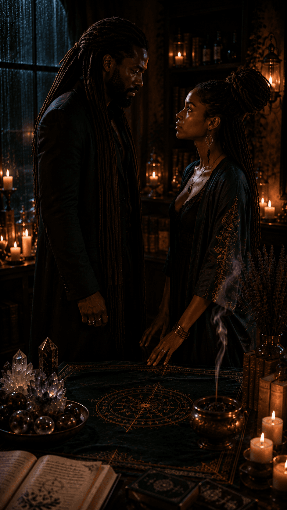 Nia and Zion face one another in a candlelit room.
