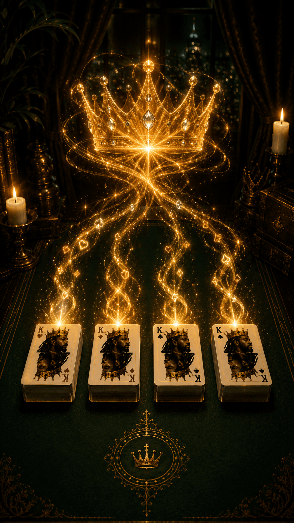 A golden crown forms above a table of kings.